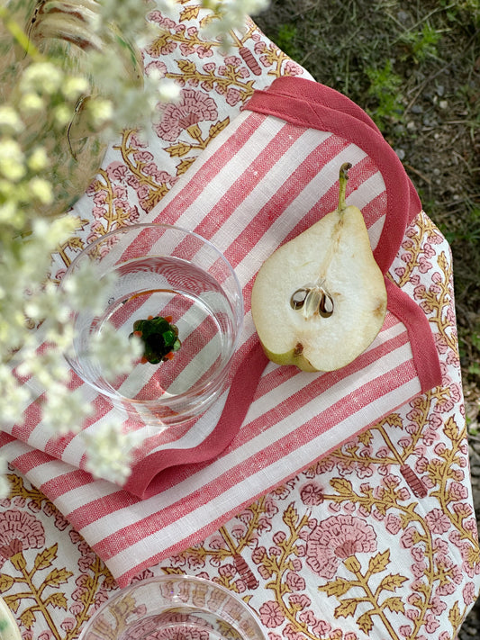 Linserviett med bølgekant - Stripet rose/ivory